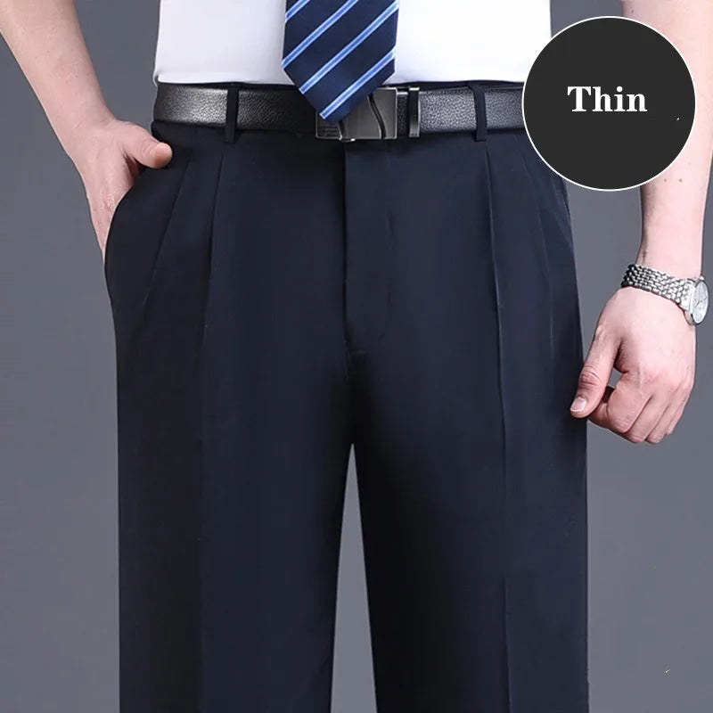 Double Pleated Suit Pants Men Black Brown Business Khaki Trousers for Men Loose Straight Classic Men Pant Thin Summer 2023