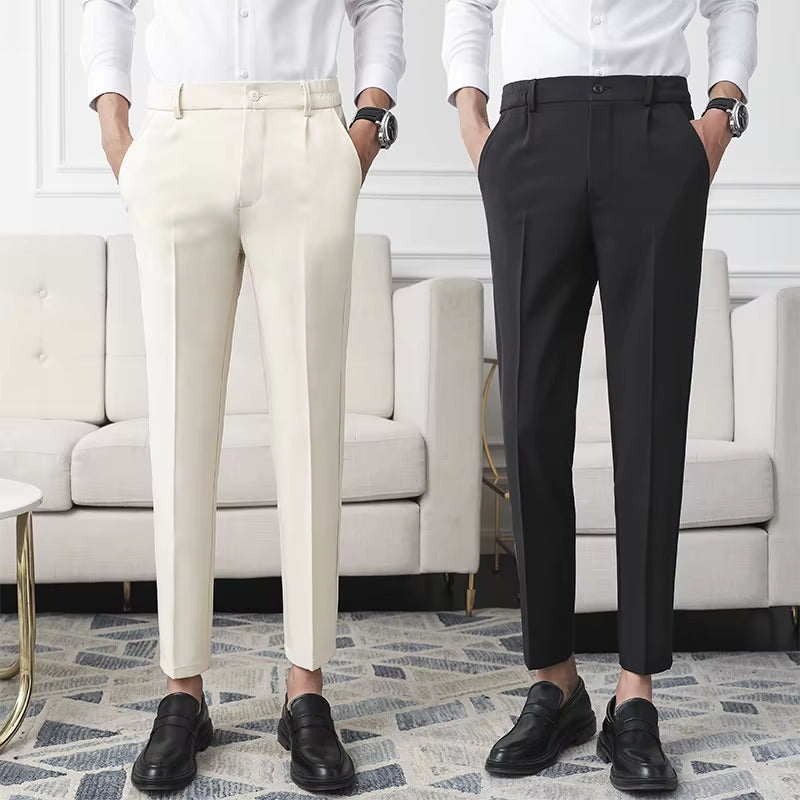 New Men Non-Iron Fabric Dress Pants Slim Straight Black Apricot Dark Gray Casual Suit Pants Male Business Little Feet Suit Pants
