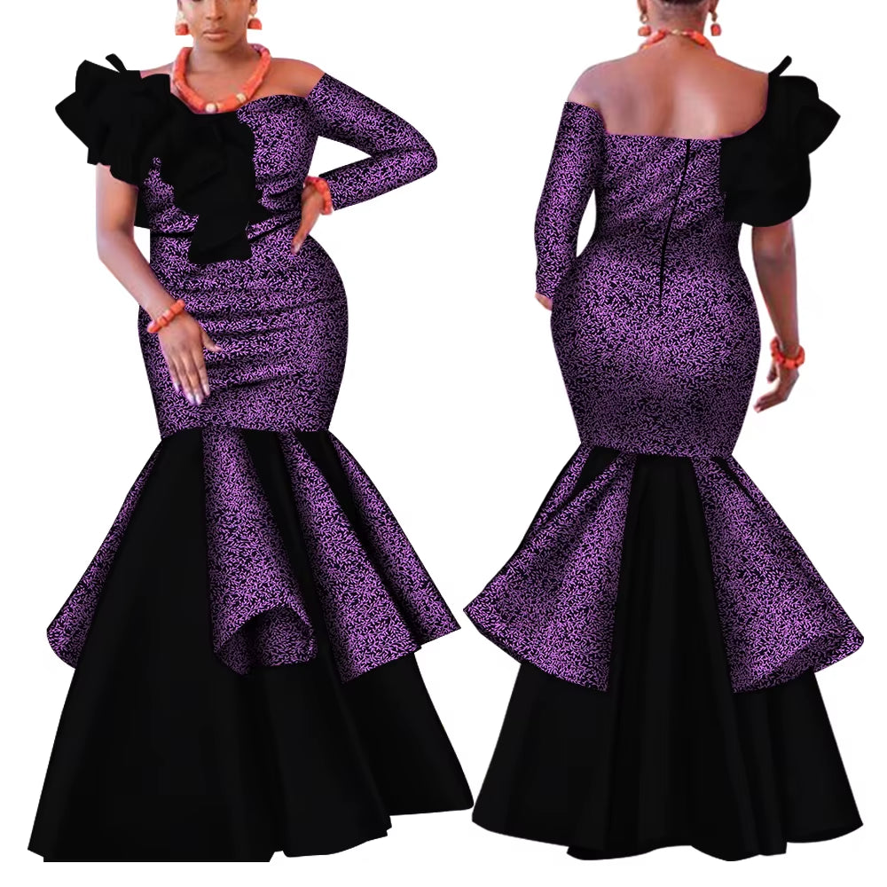 Dashiki African Dress for Women Bazin Riche One-Shoulder Sexy Slash Neck Wedding Party Dress Traditional African Clothing WY4224
