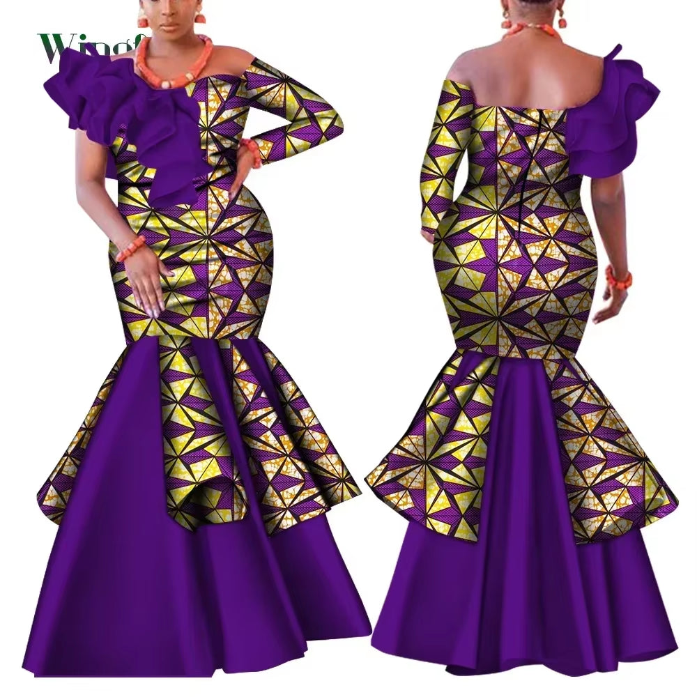Dashiki African Dress for Women Bazin Riche One-Shoulder Sexy Slash Neck Wedding Party Dress Traditional African Clothing WY4224