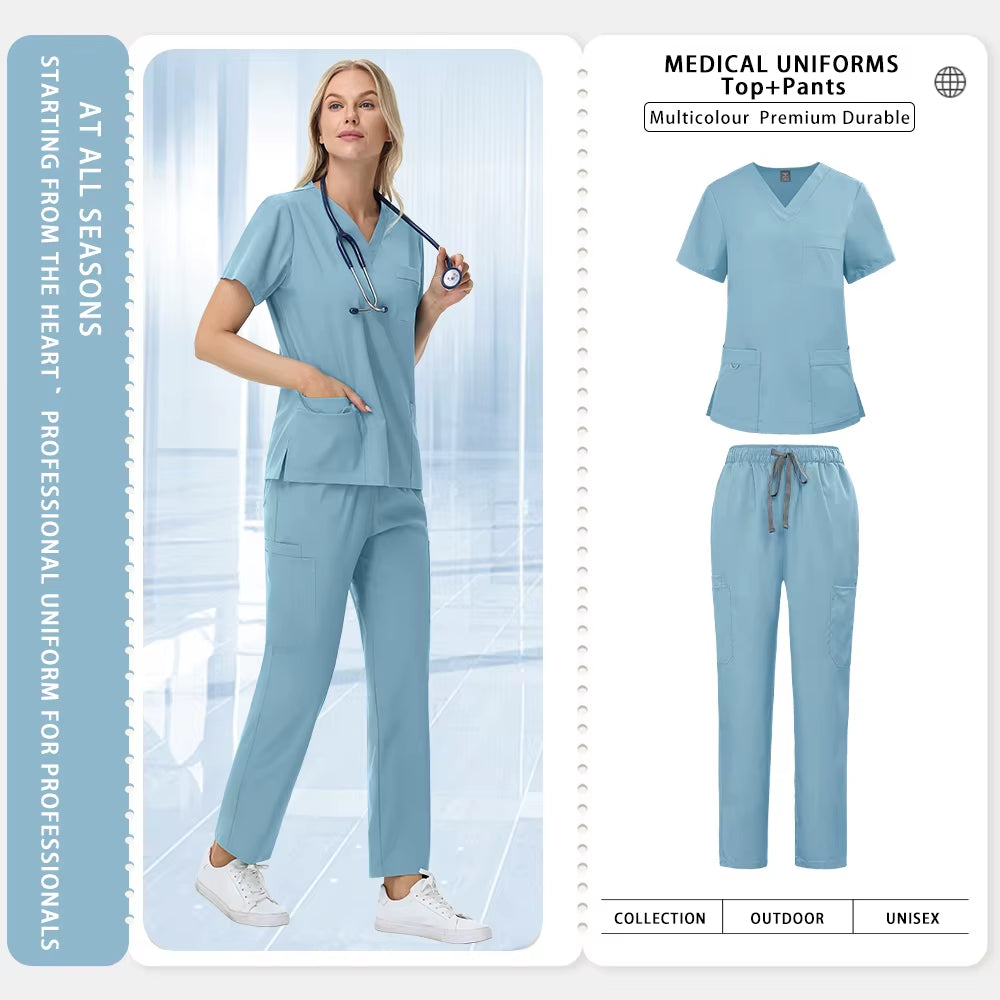 Unisex Straight Pants Suit 2 Piece Suit Beauty Work Wear Medical Surgical Uniforms Women Nurse Clothes Pockets Top Nursing Pants