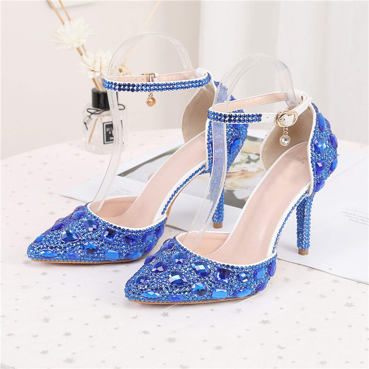Womens Rhinestone Wedding Shoes Party Pumps with Ankle Chains