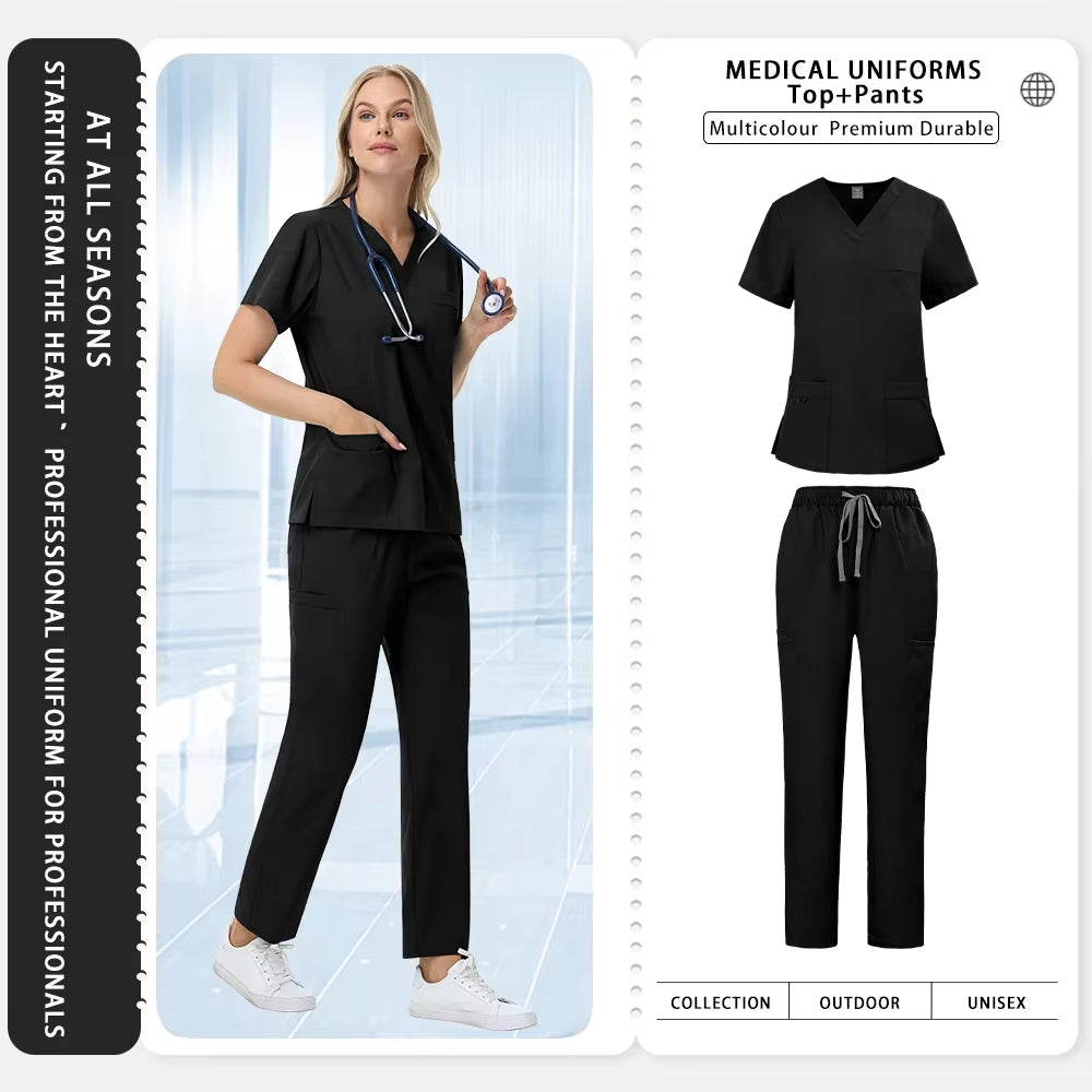 Unisex Straight Pants Suit 2 Piece Suit Beauty Work Wear Medical Surgical Uniforms Women Nurse Clothes Pockets Top Nursing Pants