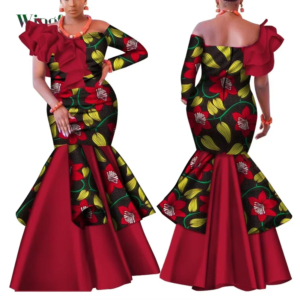 Dashiki African Dress for Women Bazin Riche One-Shoulder Sexy Slash Neck Wedding Party Dress Traditional African Clothing WY4224
