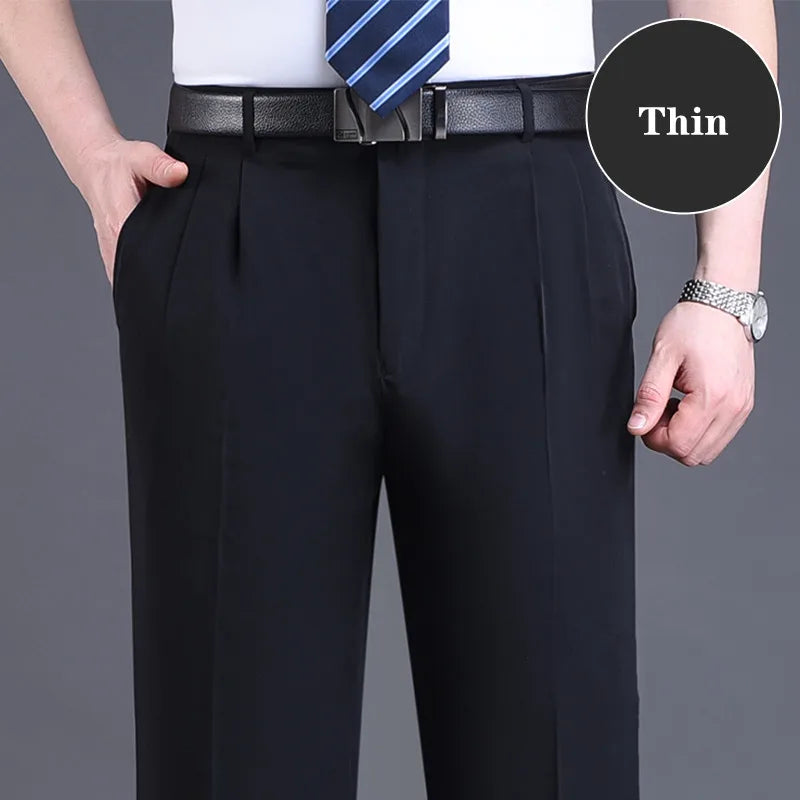 Double Pleated Suit Pants Men Black Brown Business Khaki Trousers for Men Loose Straight Classic Men Pant Thin Summer 2023