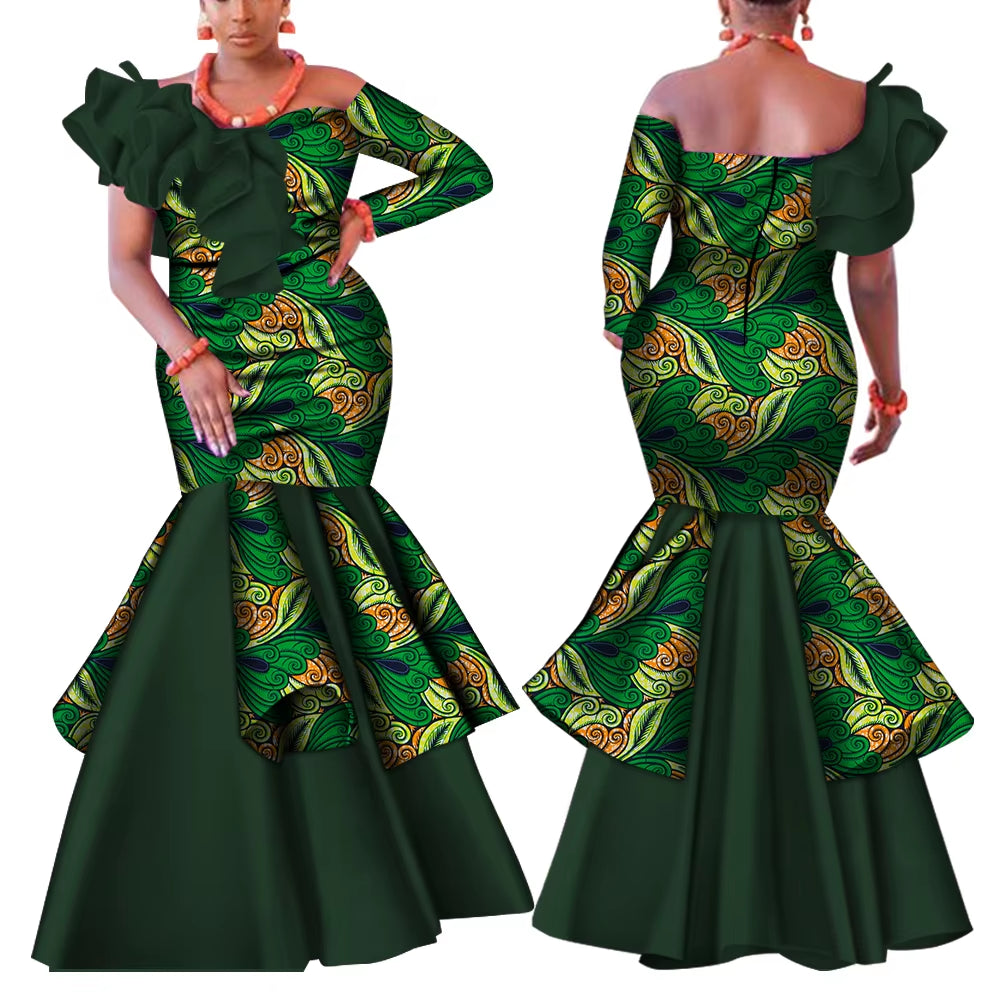 Dashiki African Dress for Women Bazin Riche One-Shoulder Sexy Slash Neck Wedding Party Dress Traditional African Clothing WY4224