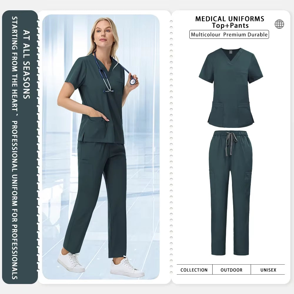 Unisex Straight Pants Suit 2 Piece Suit Beauty Work Wear Medical Surgical Uniforms Women Nurse Clothes Pockets Top Nursing Pants