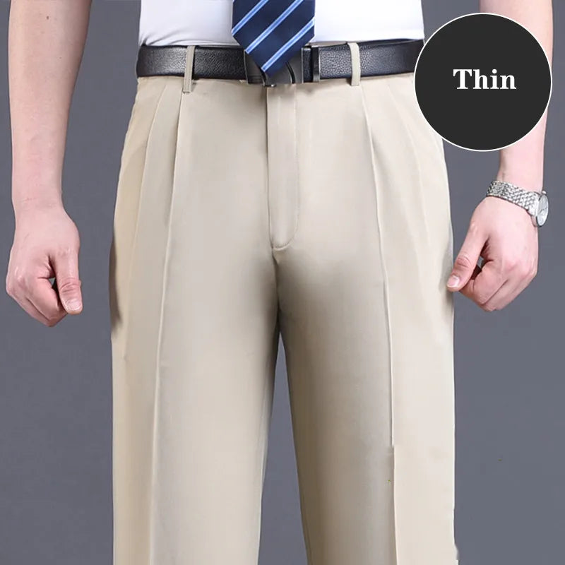 Double Pleated Suit Pants Men Black Brown Business Khaki Trousers for Men Loose Straight Classic Men Pant Thin Summer 2023