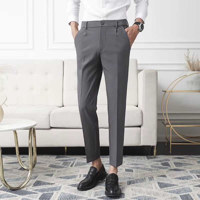New Men Non-Iron Fabric Dress Pants Slim Straight Black Apricot Dark Gray Casual Suit Pants Male Business Little Feet Suit Pants