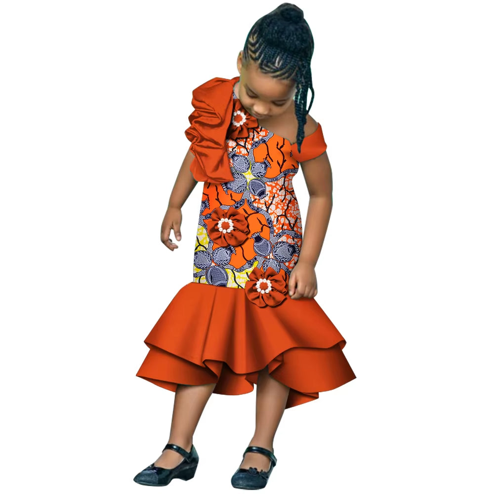 Girls African Dress Children Bazin Riche Dashiki Mermaid Dress Fashion Cute Party Dresses Girls African Print Clothing WYT598
