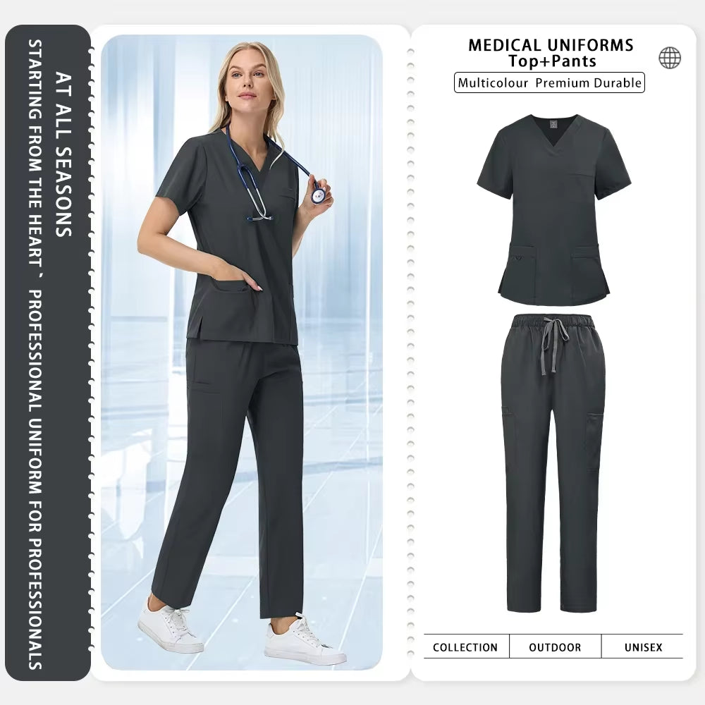 Unisex Straight Pants Suit 2 Piece Suit Beauty Work Wear Medical Surgical Uniforms Women Nurse Clothes Pockets Top Nursing Pants