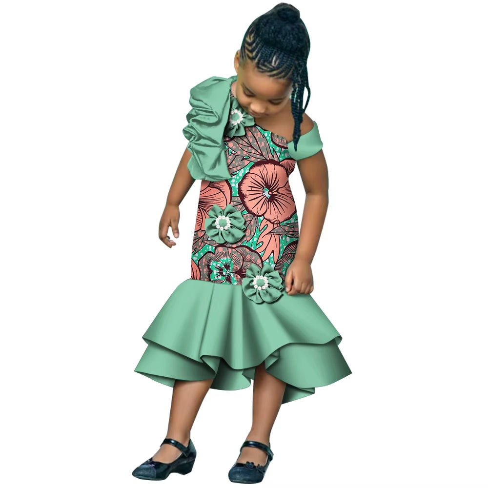 Girls African Dress Children Bazin Riche Dashiki Mermaid Dress Fashion Cute Party Dresses Girls African Print Clothing WYT598