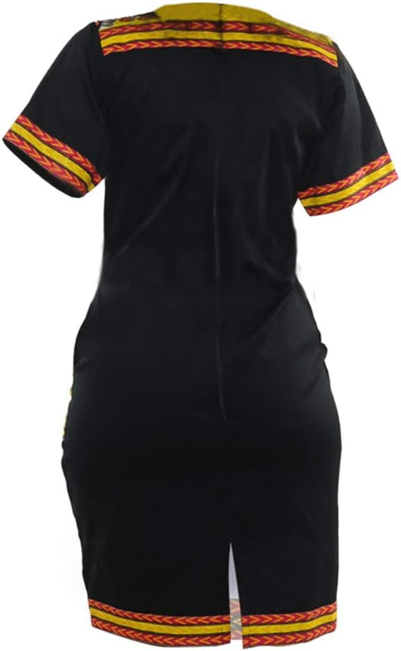 Womens Bohemian African Dashiki Skirts Traditional Tribal Festival Midi Dresses Black/Yellow