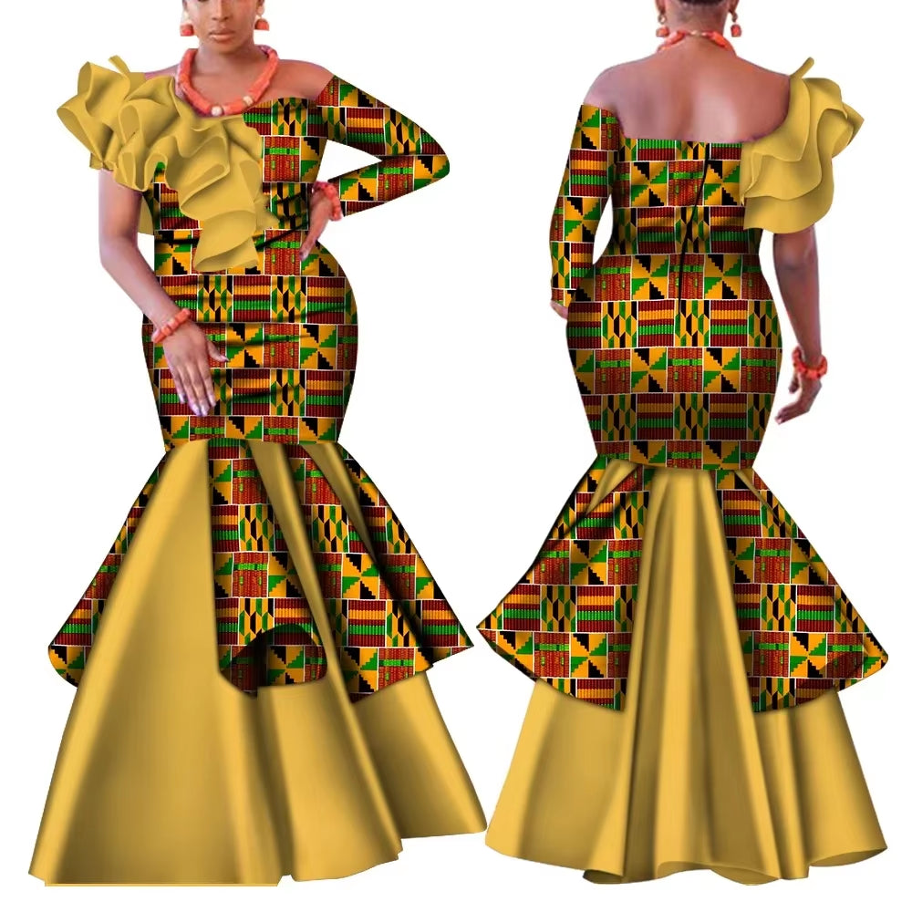 Dashiki African Dress for Women Bazin Riche One-Shoulder Sexy Slash Neck Wedding Party Dress Traditional African Clothing WY4224