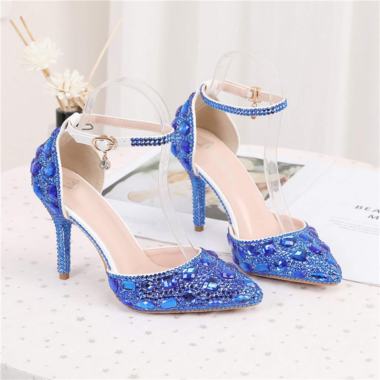 Womens Rhinestone Wedding Shoes Party Pumps with Ankle Chains