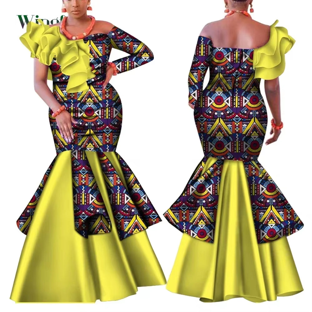 Dashiki African Dress for Women Bazin Riche One-Shoulder Sexy Slash Neck Wedding Party Dress Traditional African Clothing WY4224