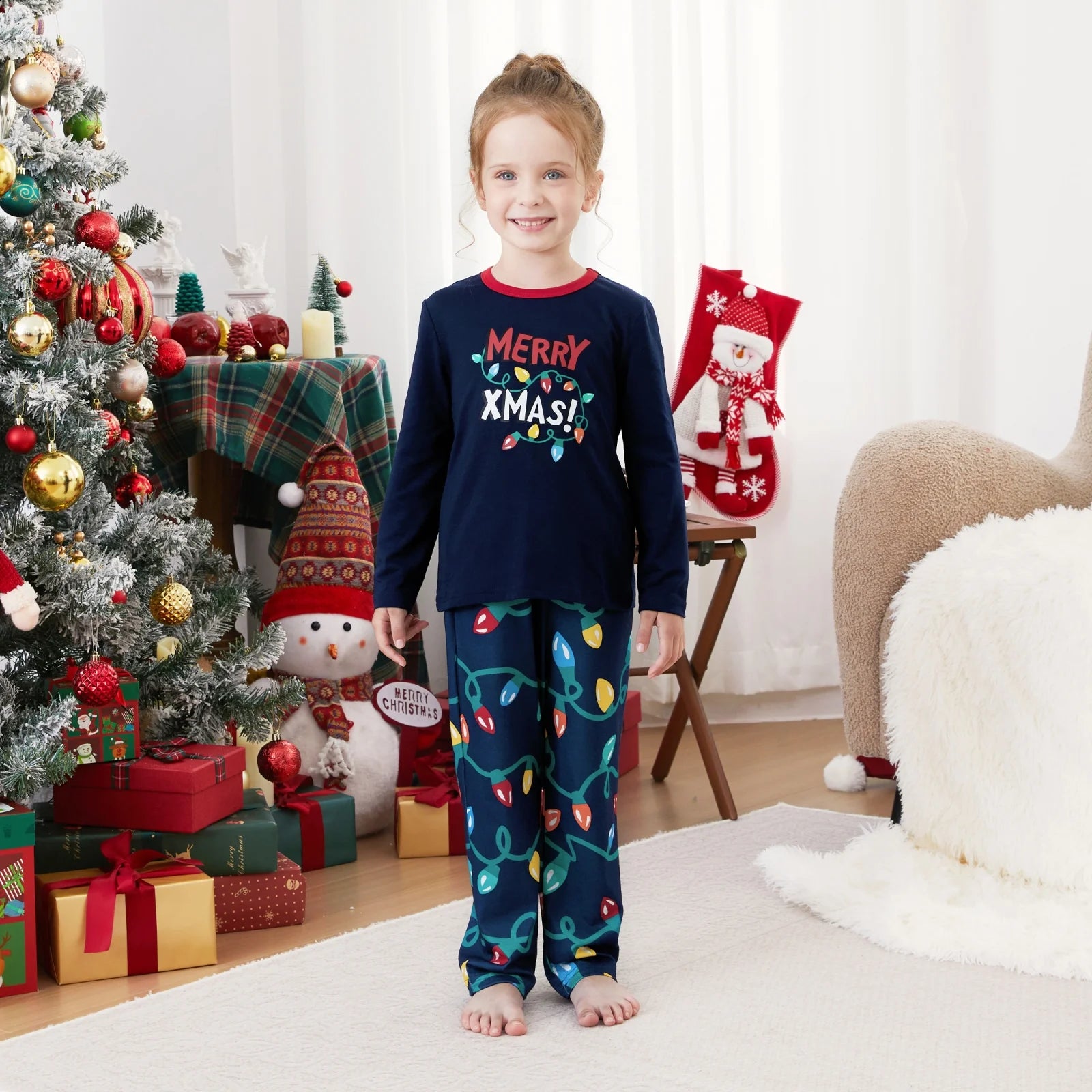 Kids Christmas Pajamas Family Matching Pjs Set Fairy Lights Top and Pant Gift for Girls Boys Sleepwear, 2-Piece, Size 8-9Y