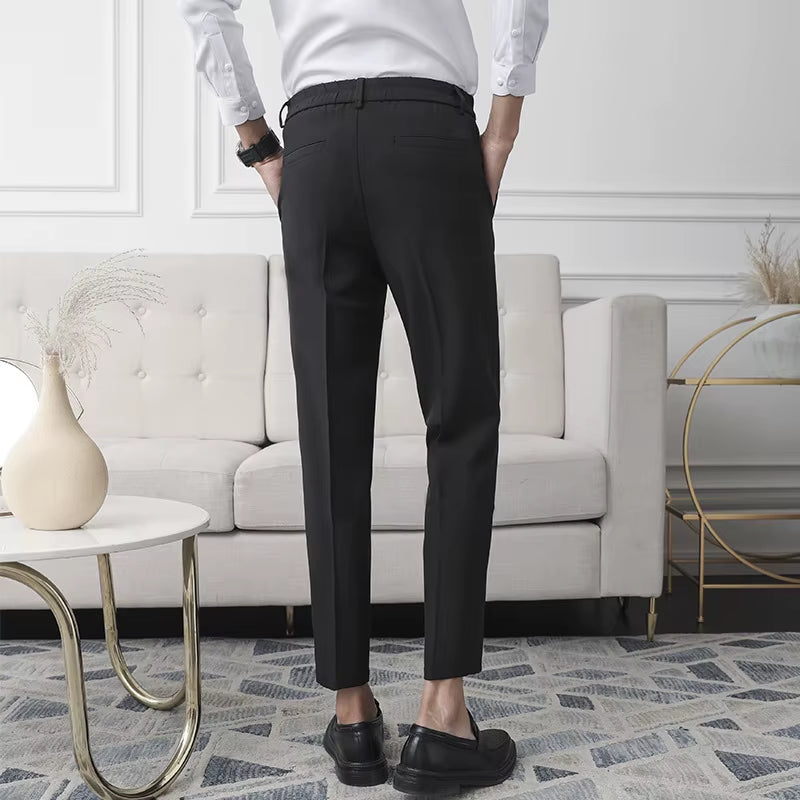 New Men Non-Iron Fabric Dress Pants Slim Straight Black Apricot Dark Gray Casual Suit Pants Male Business Little Feet Suit Pants