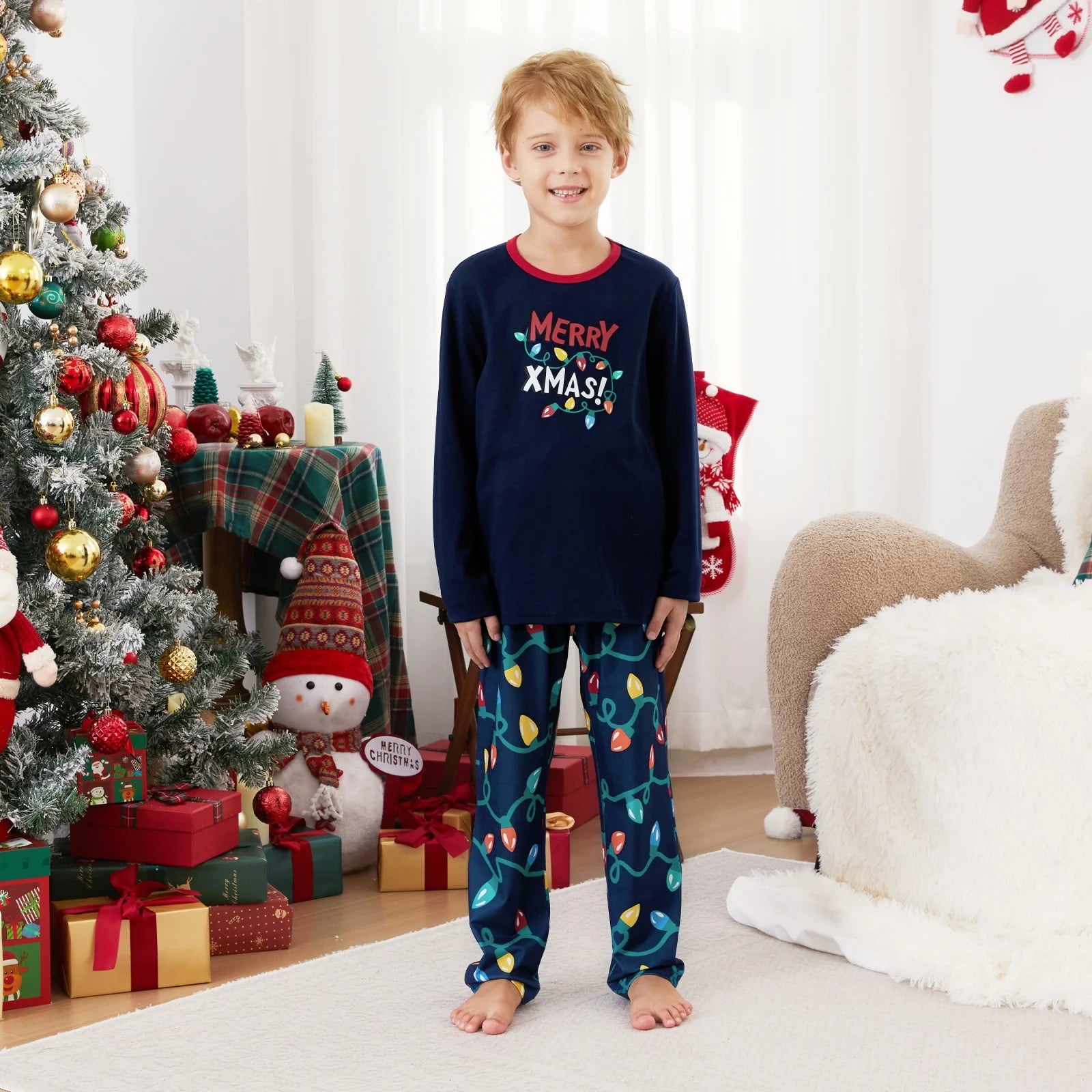 Kids Christmas Pajamas Family Matching Pjs Set Fairy Lights Top and Pant Gift for Girls Boys Sleepwear, 2-Piece, Size 8-9Y
