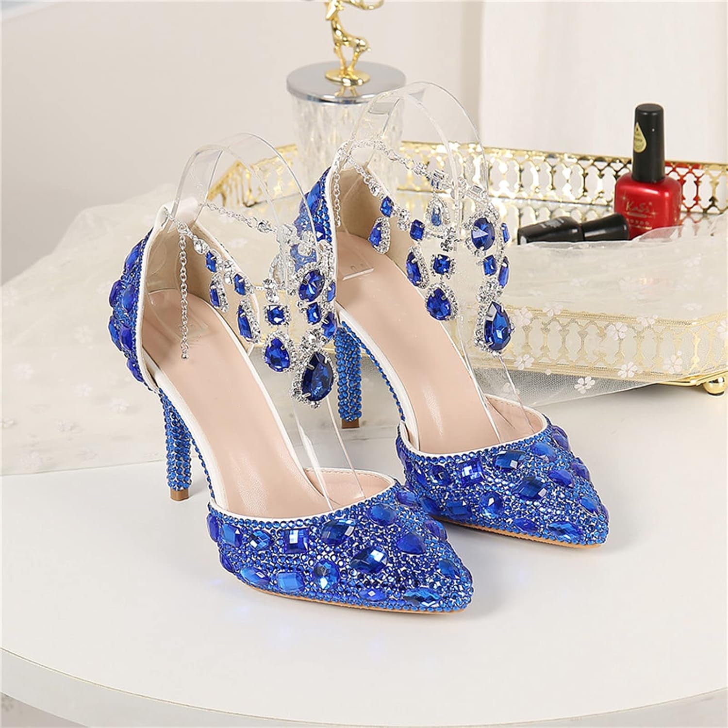 Womens Rhinestone Wedding Shoes Party Pumps with Ankle Chains