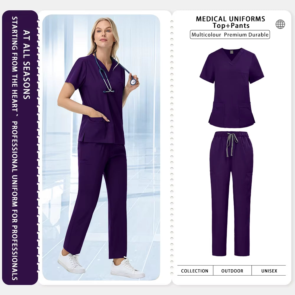 Unisex Straight Pants Suit 2 Piece Suit Beauty Work Wear Medical Surgical Uniforms Women Nurse Clothes Pockets Top Nursing Pants
