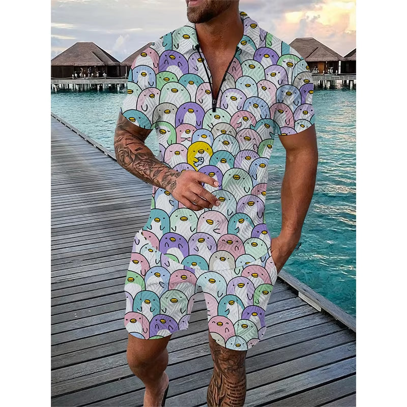 3D Cartoon Duck Pattern Print Men'S Sets Fashion Zip Polo Short Sleeve Top +Shorts Outfit Summer Street Trend Oversized Tee Suit