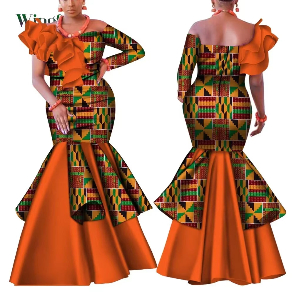 Dashiki African Dress for Women Bazin Riche One-Shoulder Sexy Slash Neck Wedding Party Dress Traditional African Clothing WY4224