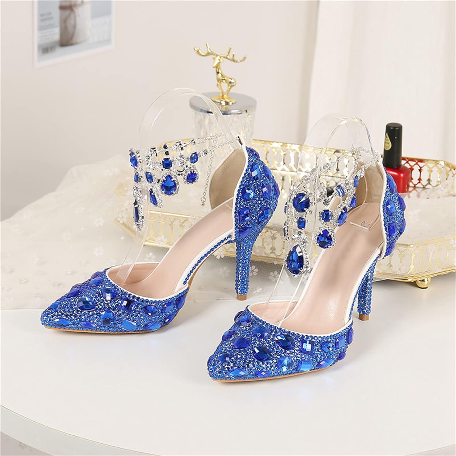 Womens Rhinestone Wedding Shoes Party Pumps with Ankle Chains