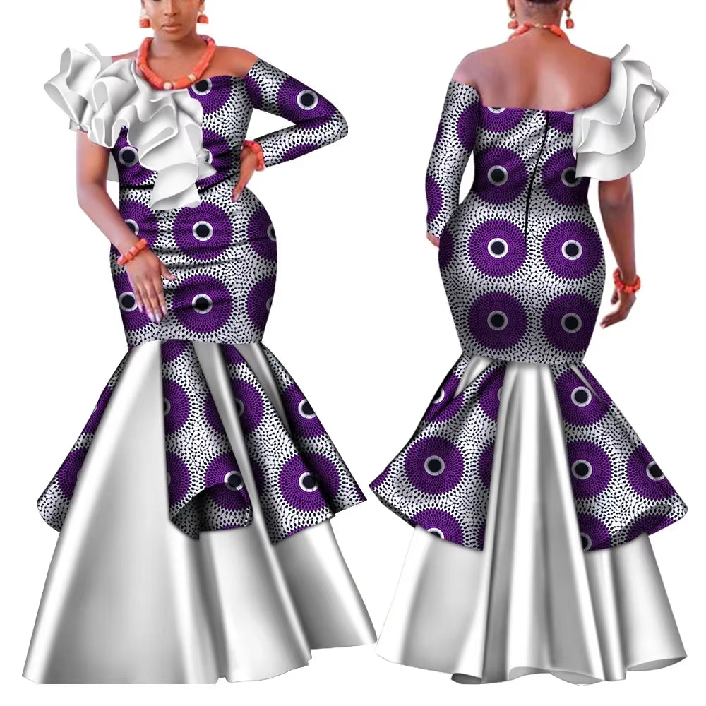 Dashiki African Dress for Women Bazin Riche One-Shoulder Sexy Slash Neck Wedding Party Dress Traditional African Clothing WY4224
