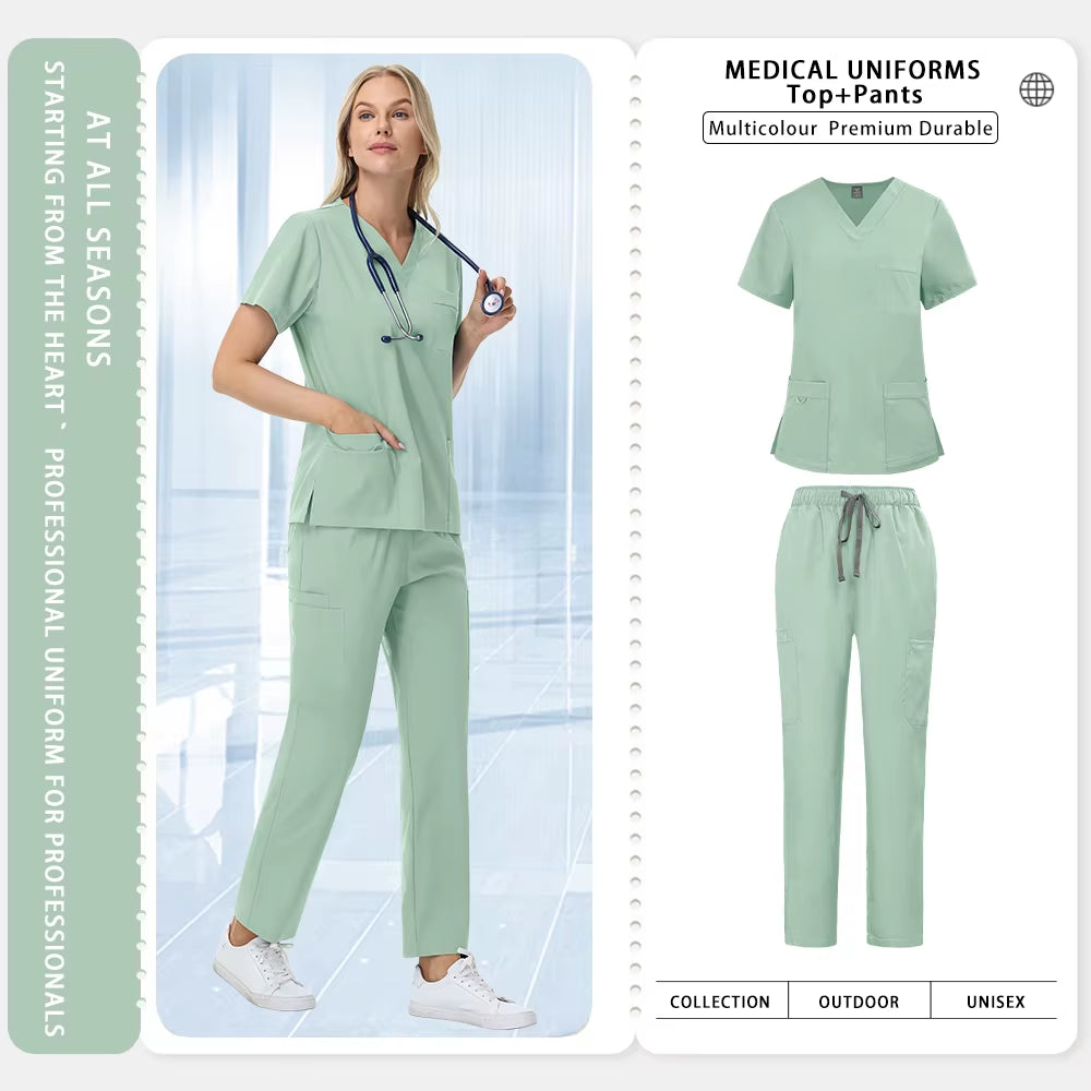 Unisex Straight Pants Suit 2 Piece Suit Beauty Work Wear Medical Surgical Uniforms Women Nurse Clothes Pockets Top Nursing Pants