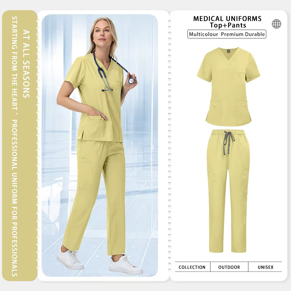 Unisex Straight Pants Suit 2 Piece Suit Beauty Work Wear Medical Surgical Uniforms Women Nurse Clothes Pockets Top Nursing Pants