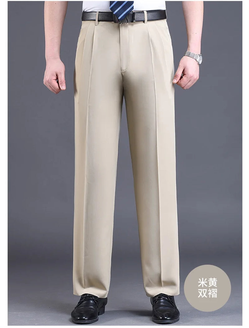 Double Pleated Suit Pants Men Black Brown Business Khaki Trousers for Men Loose Straight Classic Men Pant Thin Summer 2023