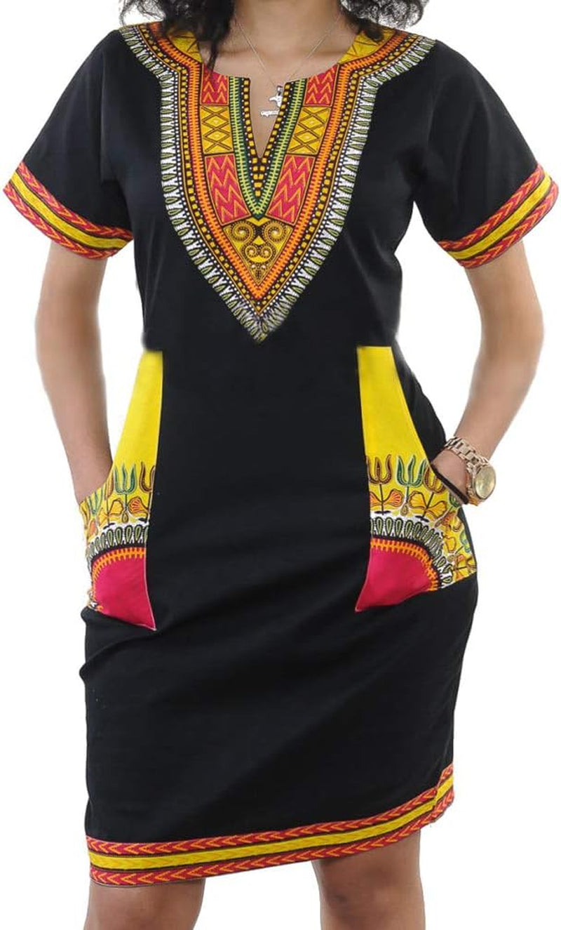 Womens Bohemian African Dashiki Skirts Traditional Tribal Festival Midi Dresses Black/Yellow