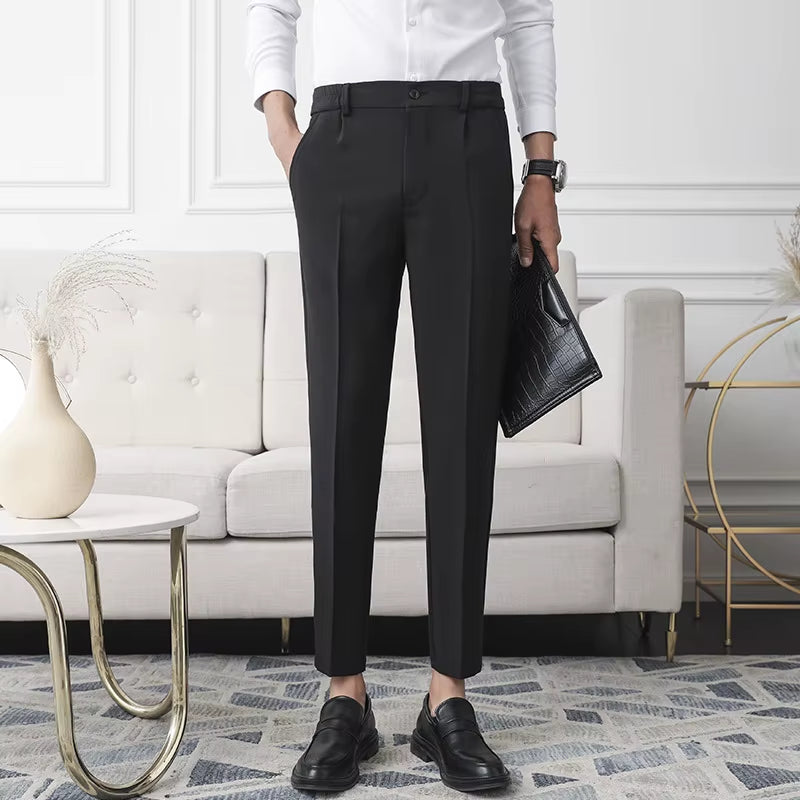 New Men Non-Iron Fabric Dress Pants Slim Straight Black Apricot Dark Gray Casual Suit Pants Male Business Little Feet Suit Pants