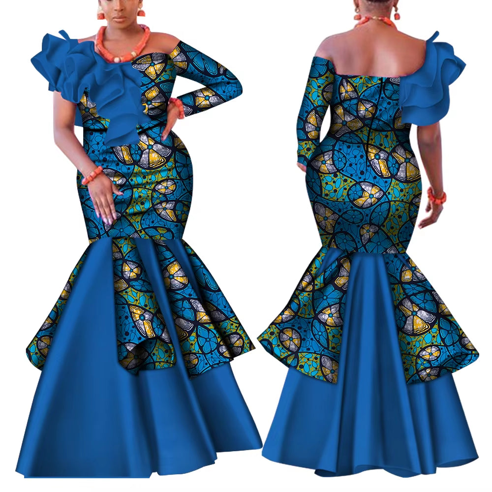 Dashiki African Dress for Women Bazin Riche One-Shoulder Sexy Slash Neck Wedding Party Dress Traditional African Clothing WY4224
