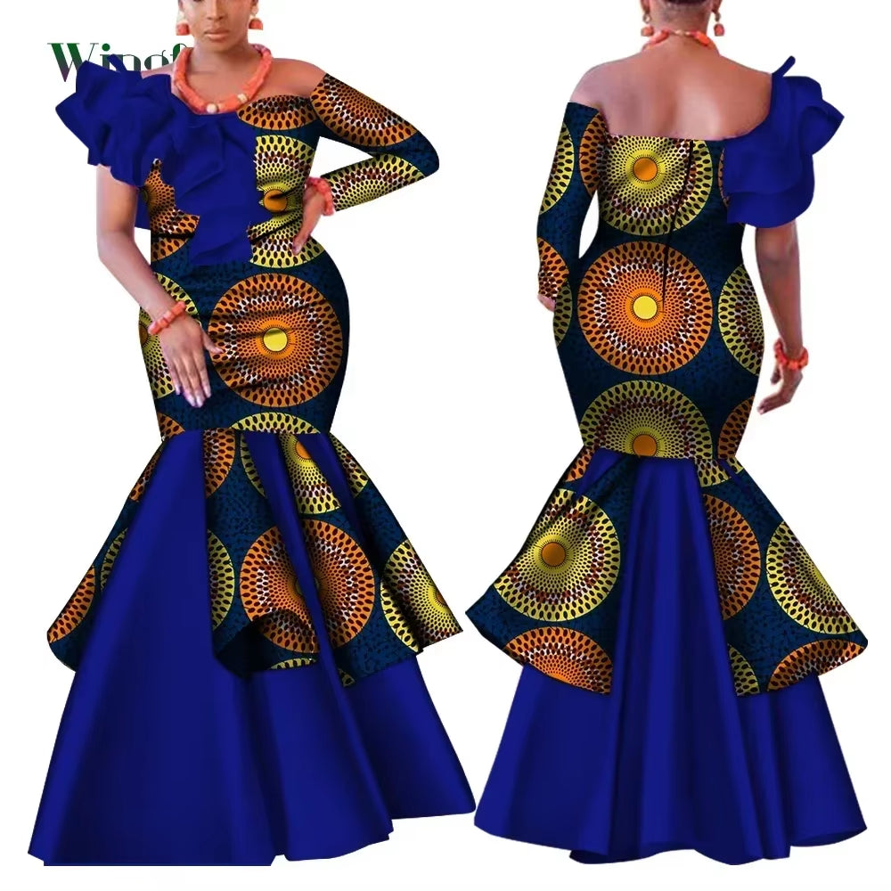 Dashiki African Dress for Women Bazin Riche One-Shoulder Sexy Slash Neck Wedding Party Dress Traditional African Clothing WY4224