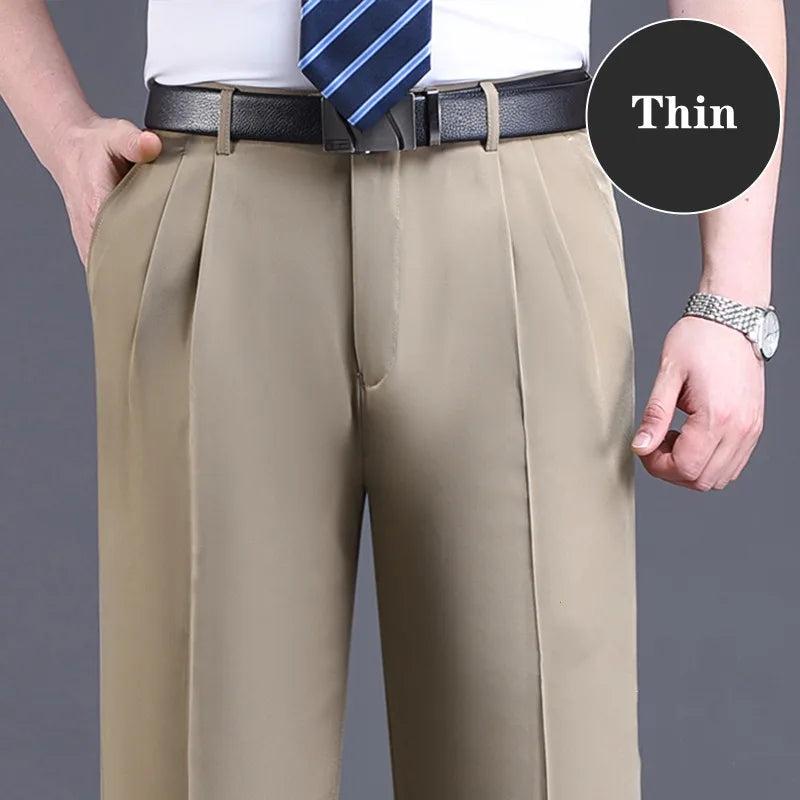 Double Pleated Suit Pants Men Black Brown Business Khaki Trousers for Men Loose Straight Classic Men Pant Thin Summer 2023