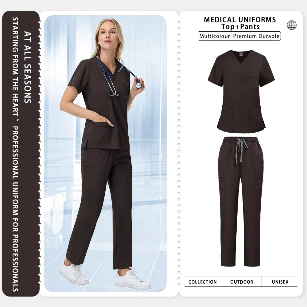 Unisex Straight Pants Suit 2 Piece Suit Beauty Work Wear Medical Surgical Uniforms Women Nurse Clothes Pockets Top Nursing Pants