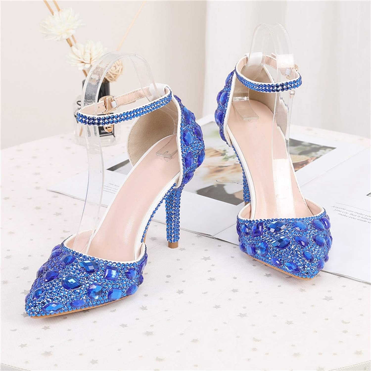 Womens Rhinestone Wedding Shoes Party Pumps with Ankle Chains