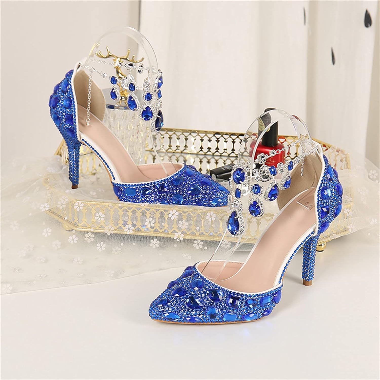 Womens Rhinestone Wedding Shoes Party Pumps with Ankle Chains