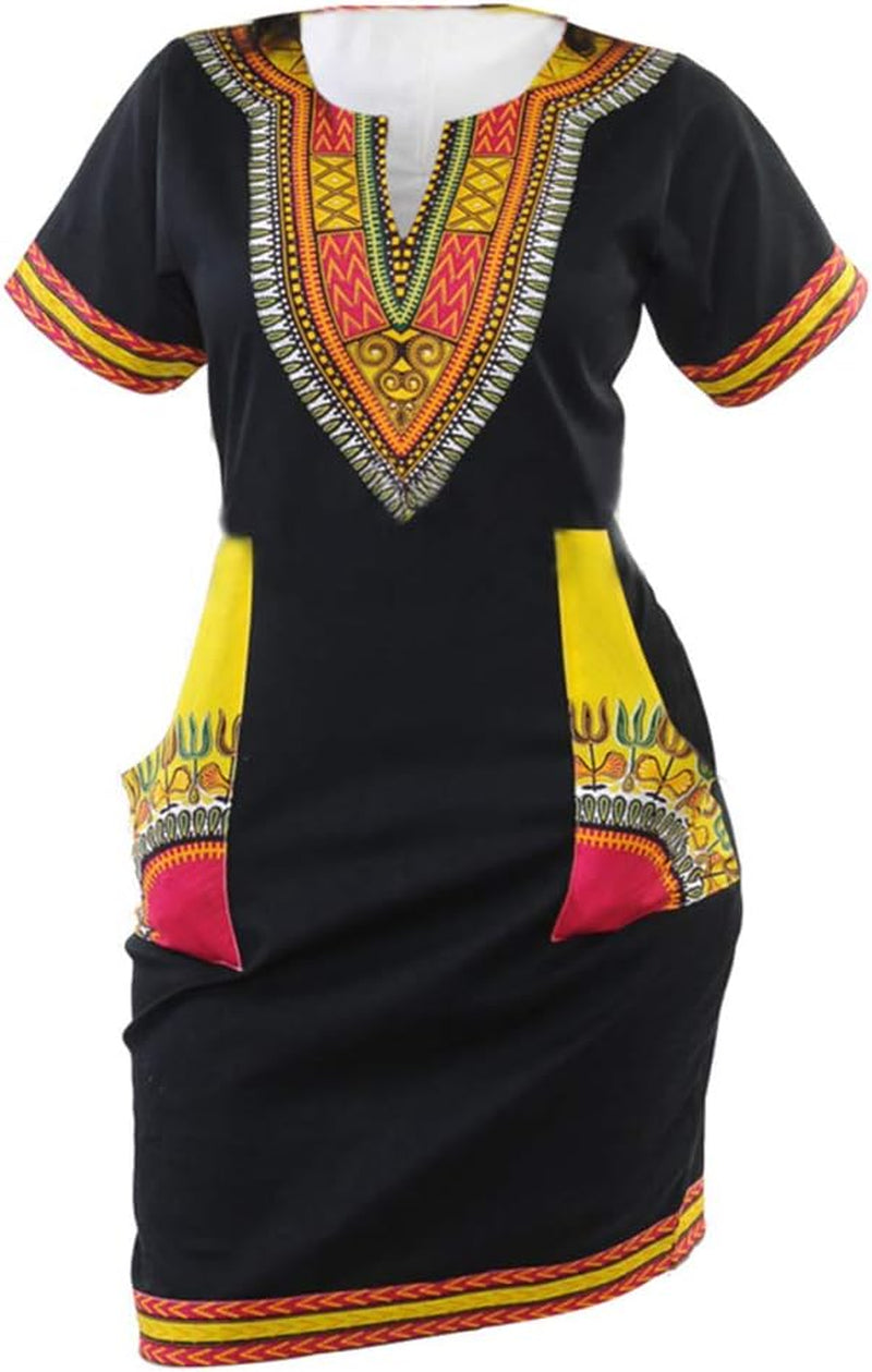 Womens Bohemian African Dashiki Skirts Traditional Tribal Festival Midi Dresses Black/Yellow