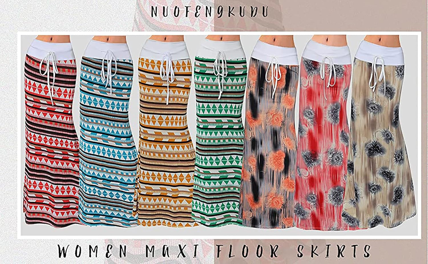 Long Womens Skirts Drawstring Skirts Bohemian Hippe High Waisted Floral Stretch Skirt(04,L)