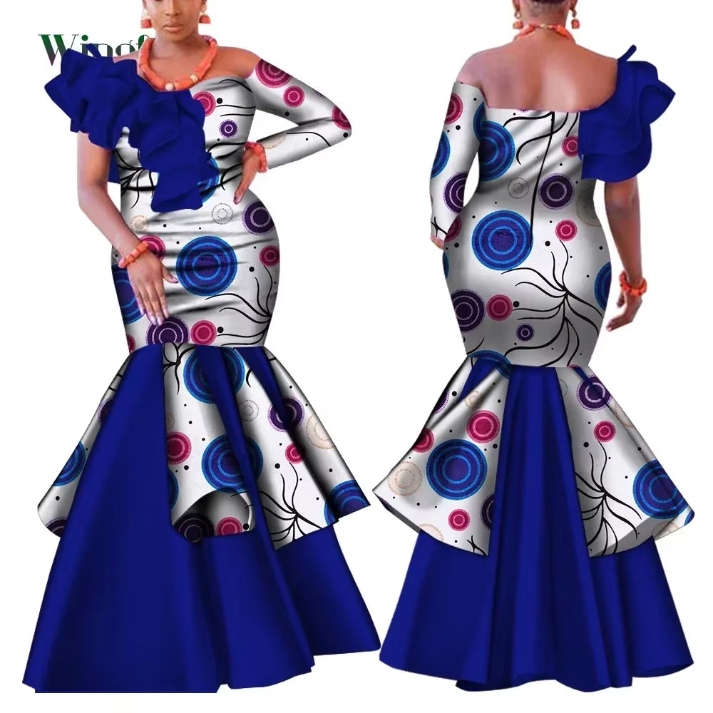 Dashiki African Dress for Women Bazin Riche One-Shoulder Sexy Slash Neck Wedding Party Dress Traditional African Clothing WY4224