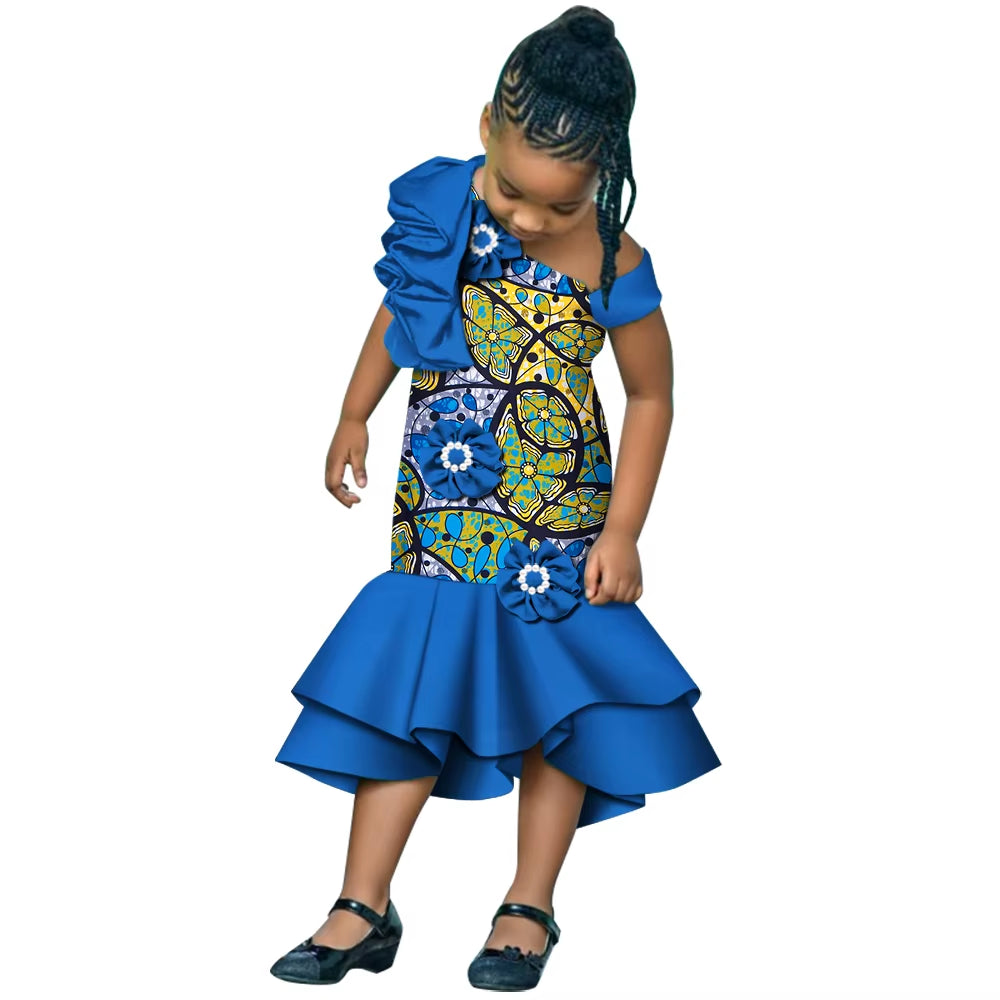 Girls African Dress Children Bazin Riche Dashiki Mermaid Dress Fashion Cute Party Dresses Girls African Print Clothing WYT598