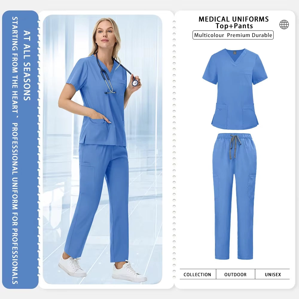 Unisex Straight Pants Suit 2 Piece Suit Beauty Work Wear Medical Surgical Uniforms Women Nurse Clothes Pockets Top Nursing Pants