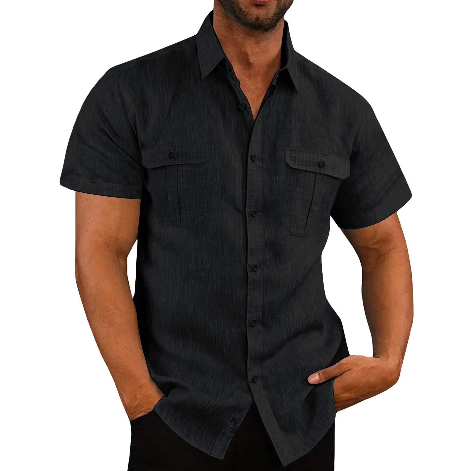 Mens Tops Men'S Trendy Vacation Plain Color Cotton Linen Double Pocket Casual Shirts Short Sleeves Mens Graphic Tees Mens T-Shirts Mens T Shirt Graphic Black,M