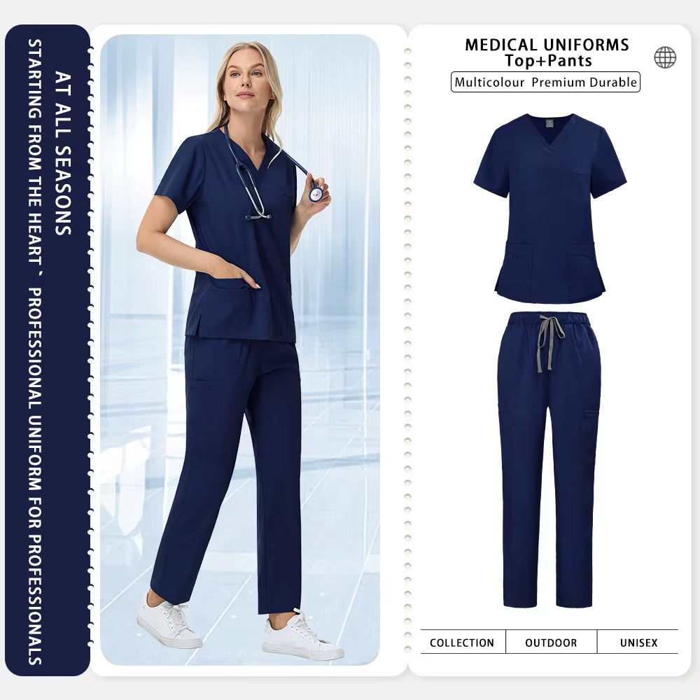Unisex Straight Pants Suit 2 Piece Suit Beauty Work Wear Medical Surgical Uniforms Women Nurse Clothes Pockets Top Nursing Pants