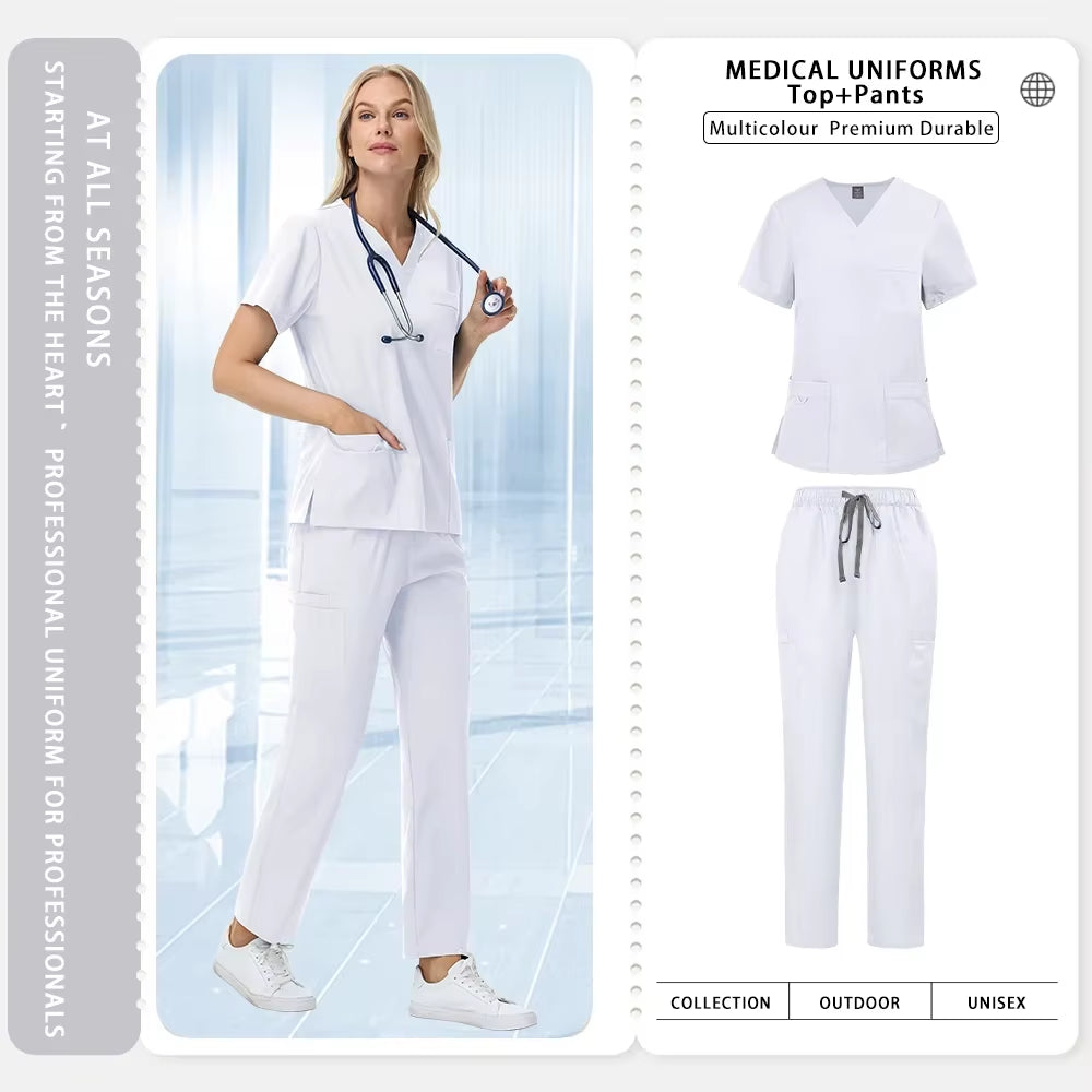 Unisex Straight Pants Suit 2 Piece Suit Beauty Work Wear Medical Surgical Uniforms Women Nurse Clothes Pockets Top Nursing Pants