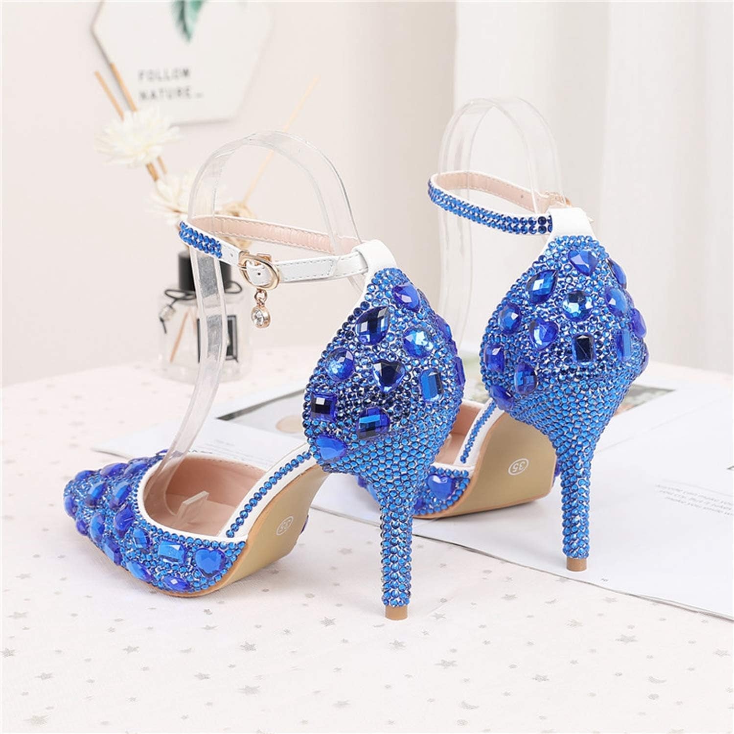 Womens Rhinestone Wedding Shoes Party Pumps with Ankle Chains