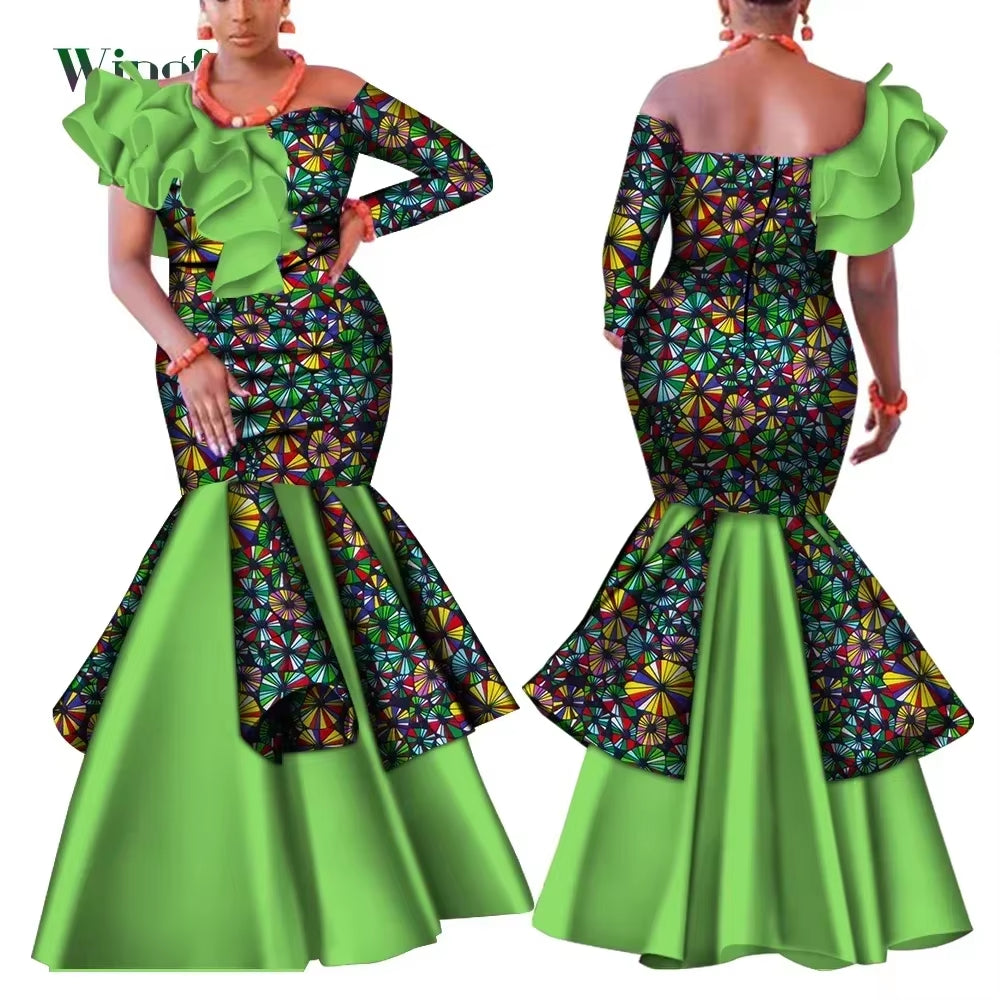 Dashiki African Dress for Women Bazin Riche One-Shoulder Sexy Slash Neck Wedding Party Dress Traditional African Clothing WY4224